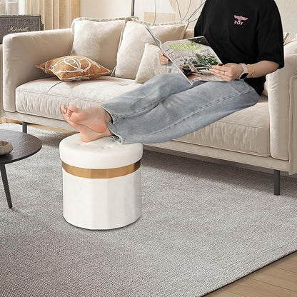 Small Ottoman with Storage,Folding Round Ottoman with Gold Trim,Velvet Storage Stool,Foot Stool with Soft Padded,Foot Rest for Living Room13“x13”x12.4(Beige,1pcs)