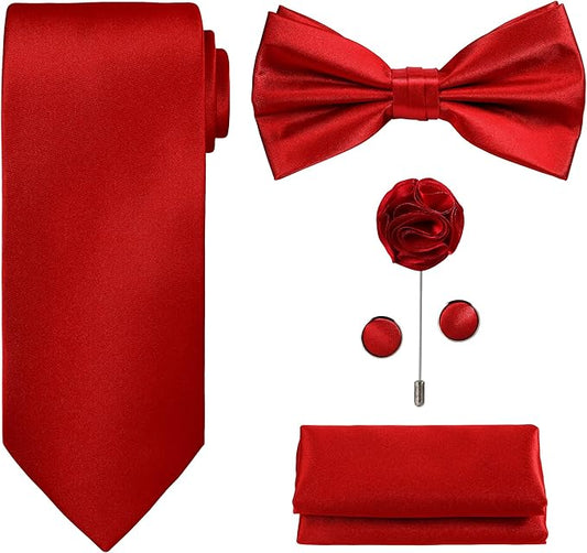 TIE G 5pcs Tie Set in WHITE OR BLACK GIFT BOX: Solid Color Necktie, Satin Bow Tie, Pocket Square, Lapel, Cuff Links