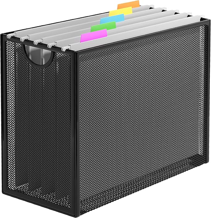 Hanging File Organizer, Letter-Size File Holder with 5 Folders, Modern Metal Mesh Storage Basket, Black and Grey, 12.2 x 9.45 x 5.45 inches