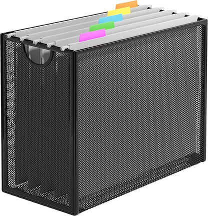 Hanging File Organizer, Letter-Size File Holder with 5 Folders, Modern Metal Mesh Storage Basket, Black and Grey, 12.2 x 9.45 x 5.45 inches