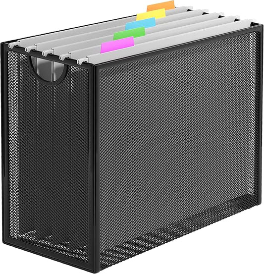 Hanging File Organizer, Letter-Size File Holder with 5 Folders, Modern Metal Mesh Storage Basket, Black and Grey, 12.2 x 9.45 x 5.45 inches