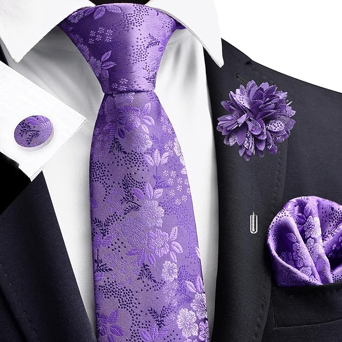 GUSLESON 3.15"（8cm） Mens Floral Tie and Lapel Pin Necktie Hankerchief Cufflinks Set for Men