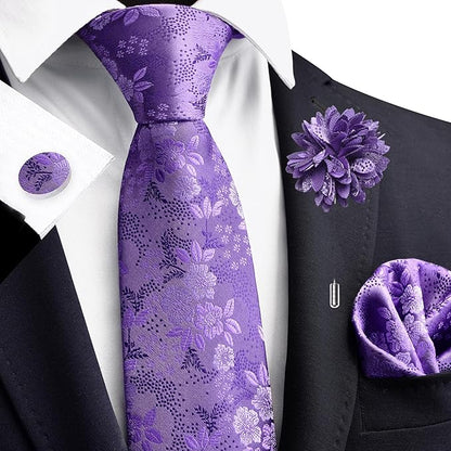 GUSLESON 3.15"（8cm） Mens Floral Tie and Lapel Pin Necktie Hankerchief Cufflinks Set for Men