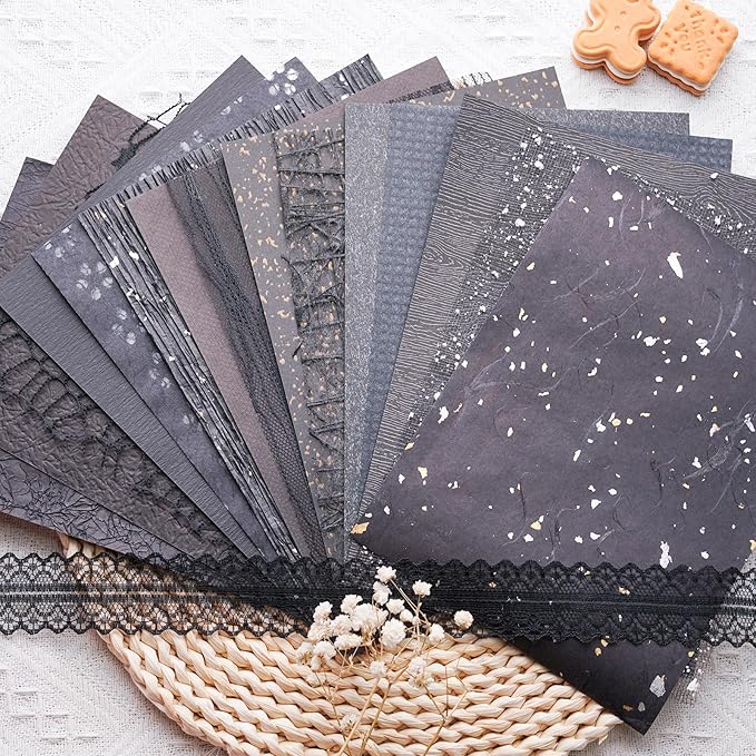 15Pcs Handmade Scrapbook Art Paper Craft Textured Paper Colorful A5 sheet Mesh Special Mix for Scrapbooking Junk Journal Journaling Supplies DIY Materials,5.8x8.2 inches (Black)