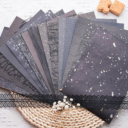 15Pcs Handmade Scrapbook Art Paper Craft Textured Paper Colorful A5 sheet Mesh Special Mix for Scrapbooking Junk Journal Journaling Supplies DIY Materials,5.8x8.2 inches (Black)
