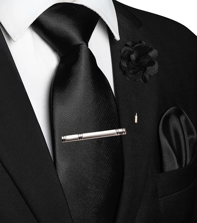 JEMYGINS Formal Necktie Solid Color Tie and Pocket Square with Tie Clip Lapel Pin Sets for Men 4PCS