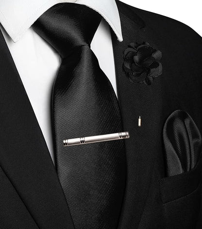JEMYGINS Formal Necktie Solid Color Tie and Pocket Square with Tie Clip Lapel Pin Sets for Men 4PCS