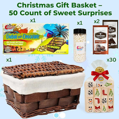 Christmas Gift Set Basket 50 Count, Includes Dubai Chocolate 200 g, Vanilla Marshmallow in Jar, Hot Cocoa Toppings, Cookies, Snacks, Two Teddy Bears and Christmas Mug, Holiday Party Favors or Gift Basket for Friends Students