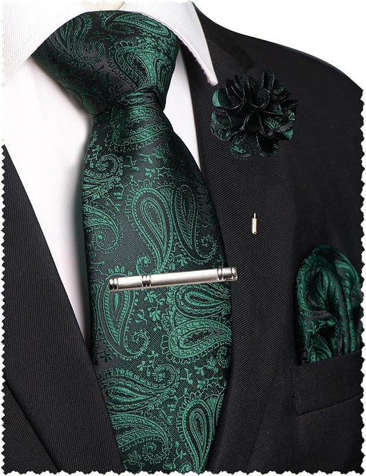 JEMYGINS Mens Paisley Tie and Lapel Pin Necktie Pocket Square and Tie Clip with Sets for Business Casual 4PCS
