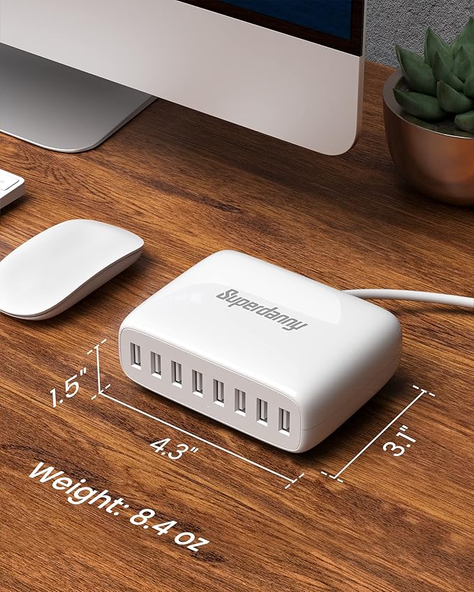USB Charger Station, SUPERDANNY 8-Port Desktop Charging Station for Multiple Devices, Compatible with iPhone 11/X/Xs/Max/XR/SE/8/Plus, iPad Pro/Air/Mini, AirPods, Galaxy S10 Note, LG, and More, White