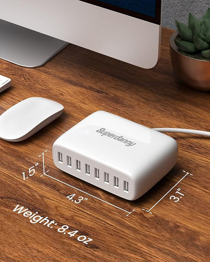 USB Charger Station, SUPERDANNY 8-Port Desktop Charging Station for Multiple Devices, Compatible with iPhone 11/X/Xs/Max/XR/SE/8/Plus, iPad Pro/Air/Mini, AirPods, Galaxy S10 Note, LG, and More, White