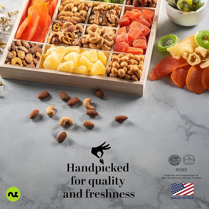NUT CRAVINGS Gourmet Collection - Happy Birthday Treats, Dried Fruit & Mixed Nuts Gift Basket with Bday Ribbon in Reusable Wooden Tray (12 Assortments) Food Arrangement, Healthy Snack Food Assortments