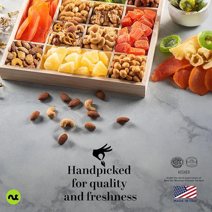 NUT CRAVINGS Gourmet Collection - Happy Birthday Treats, Dried Fruit & Mixed Nuts Gift Basket with Bday Ribbon in Reusable Wooden Tray (12 Assortments) Food Arrangement, Healthy Snack Food Assortments