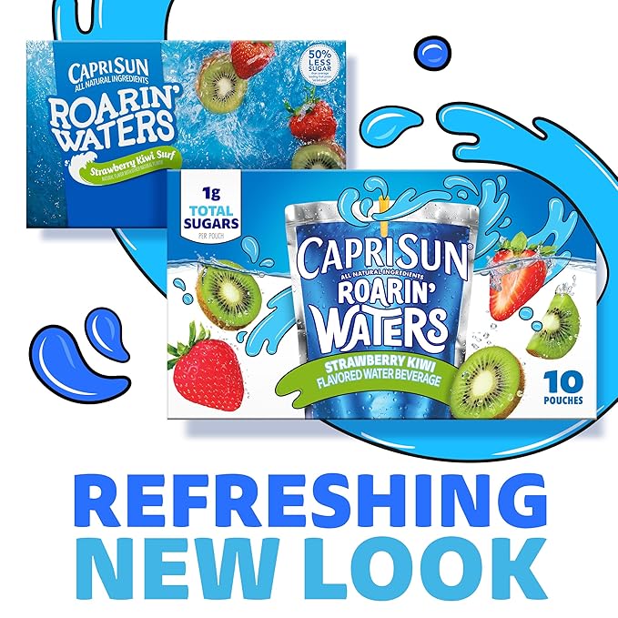 Capri Sun Roarin' Waters Strawberry Kiwi Flavored with other natural flavor Water Beverage, 40 ct Pack, 4 Boxes of 10 Drink Pouches