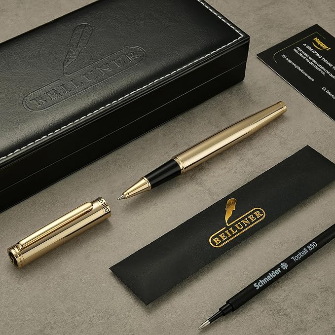 BEILUNER Luxury Personalized Gold Rollerball Pen, Stunning 24K Gold Finish, Noble and Elegant Designs,Schneider Refill, Fancy Gift Set for Men & Women, Executive Writing, Office, Nice Graduation Gift