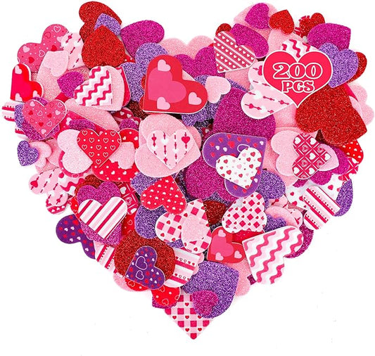 200 PCS Valentines Stickers for Kids, Glitter Foam Heart Stickers, Self-Adhesive Valentines Crafts, Polka Dots Heart Foam Stickers Red Pink Purple Foam Valentine Stickers Scrapbook Card Present DIY