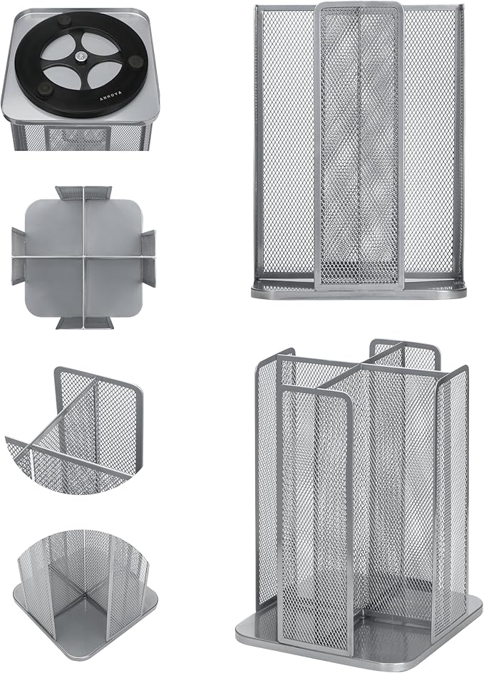 Annova Paper/Plastic Cup and Lid Holder Plastic Storage Organizer, 360°Rotating Coffee Mup Dispenser with 4 Compartments, Multifunctional Storage Rack for Home, Office, Bar, Coffee Shop (Silver)