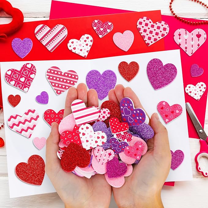 200 PCS Valentines Stickers for Kids, Glitter Foam Heart Stickers, Self-Adhesive Valentines Crafts, Polka Dots Heart Foam Stickers Red Pink Purple Foam Valentine Stickers Scrapbook Card Present DIY