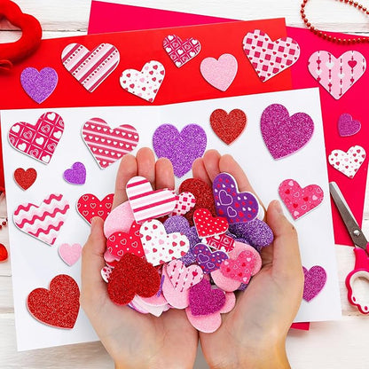 200 PCS Valentines Stickers for Kids, Glitter Foam Heart Stickers, Self-Adhesive Valentines Crafts, Polka Dots Heart Foam Stickers Red Pink Purple Foam Valentine Stickers Scrapbook Card Present DIY
