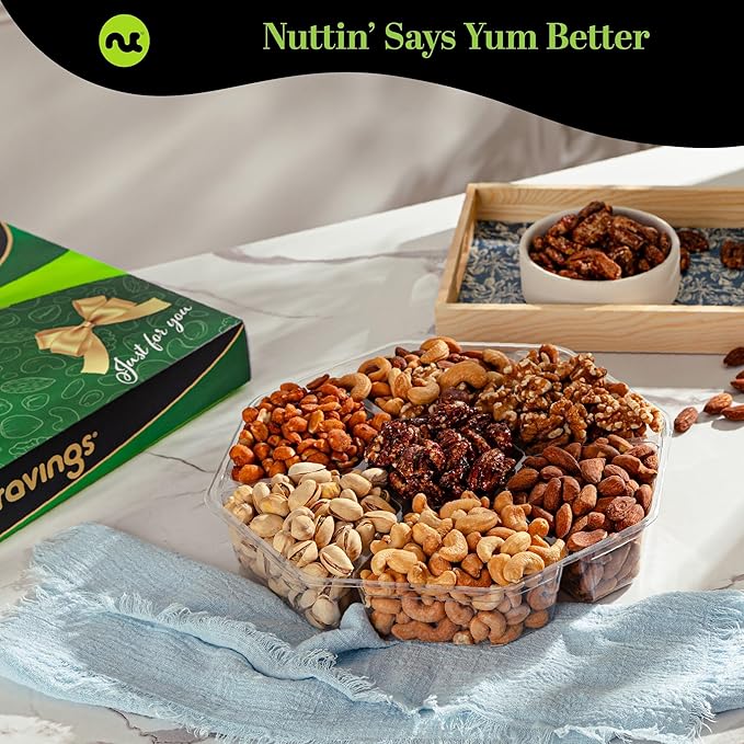NUT CRAVINGS - Thanksgiving Mixed Nuts Gift Basket in Green Gold Box (7 Assortments, 2 LB) Holiday Xmas Christmas Food Arrangement, Healthy Snack Care Package, Food Assortments