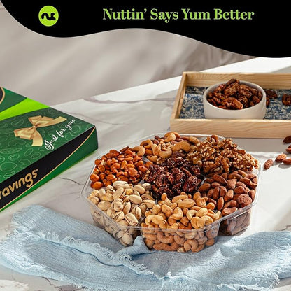 NUT CRAVINGS - Thanksgiving Mixed Nuts Gift Basket in Green Gold Box (7 Assortments, 2 LB) Holiday Xmas Christmas Food Arrangement, Healthy Snack Care Package, Food Assortments