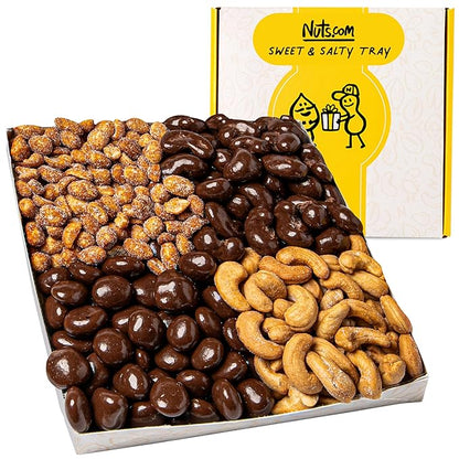 Nuts.com – Sweet and Salty Gift Tray for Fall, Thanksgiving and Festive Gifts — Healthy Snack Sampler Box, 1.25 Lbs of Roasted Cashews, Peanuts, Chocolate-Covered Raisins