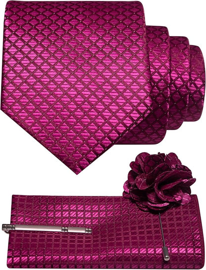 JEMYGINS Mens Solid Color Plaid Tie and Lapel Pin Necktie Pocket Square and Tie Clip with Sets for Business Casual 4PCS