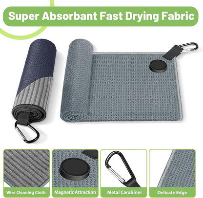 2 Pack Magnetic Golf Towels with Carabiner, Wire Cleaning Cloth, Ultra Absorbent Microfiber, Waffle Pattern Golf Towel with Magnet for Men Women, Golf Accessories for Golf Bags, Carts or Clubs