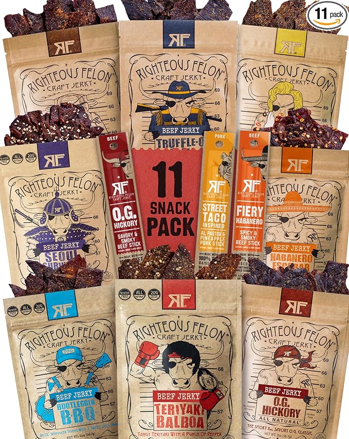 Righteous Felon Beef Jerky & Meat Sticks Variety Pack | Gluten Free Beef Jerky Snack Packs for Adults | High Protein, Keto, Low Sugar | Made with Premium Meats | Gifts for Men | 11 Pack Sampler