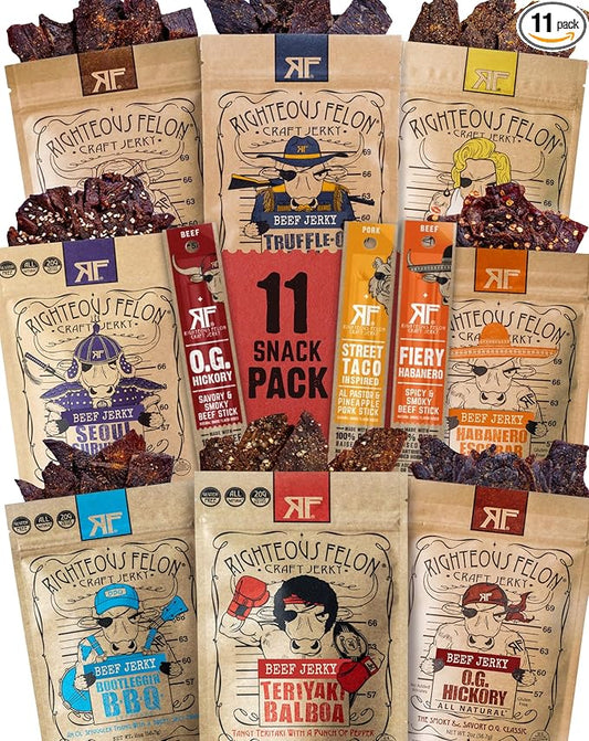 Righteous Felon Beef Jerky & Meat Sticks Variety Pack | Gluten Free Beef Jerky Snack Packs for Adults | High Protein, Keto, Low Sugar | Made with Premium Meats | Gifts for Men | 11 Pack Sampler