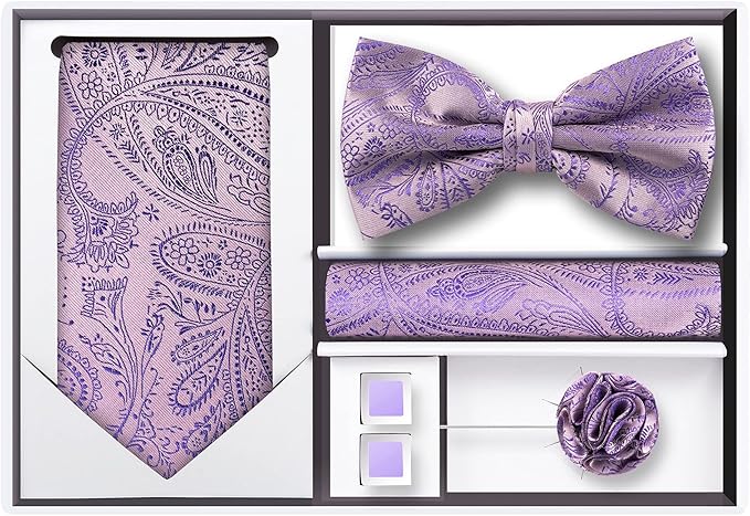 TIE G 5pcs Tie Set in WHITE OR BLACK GIFT BOX: Solid Color Necktie, Satin Bow Tie, Pocket Square, Lapel, Cuff Links