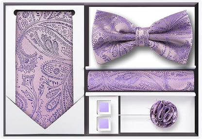 TIE G 5pcs Tie Set in WHITE OR BLACK GIFT BOX: Solid Color Necktie, Satin Bow Tie, Pocket Square, Lapel, Cuff Links