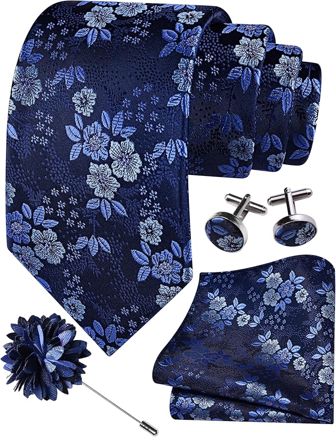 GUSLESON 3.15"（8cm） Mens Floral Tie and Lapel Pin Necktie Hankerchief Cufflinks Set for Men