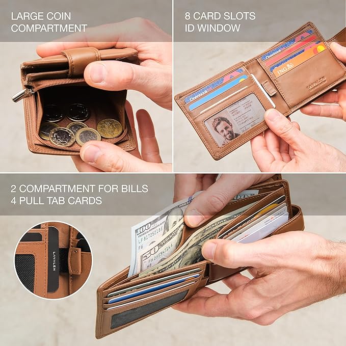 Soft Leather Wallet for Men – Genuine Bifold with Zipper Coin Pocket – Holds Bills, Credit Cards, Coins – RFID Blocking Protection – Stylish, Durable & Practical Leather Wallet for Men