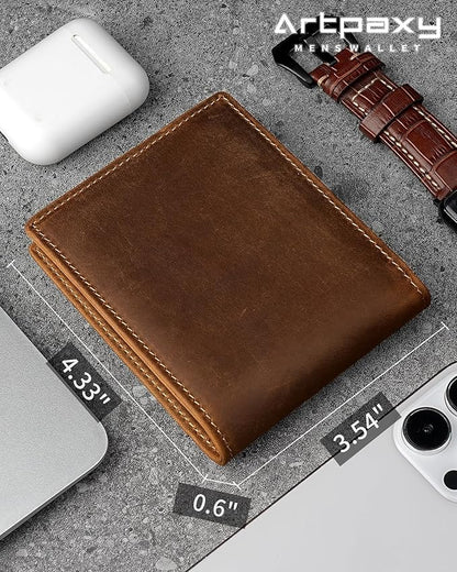 Mens Wallet Bifold Genuine Leather RFID Blocking Wallet for Men with 2 ID Windows 11 Card Holders 2 cash pockets 1 Gift Box