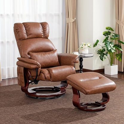 MCombo Swivel Recliners with Ottoman, Reclining TV Chairs with Vibration Massage, Faux Leather Ergonomic Lounge Chair for Living Room Bedroom 4832 (Saddle)