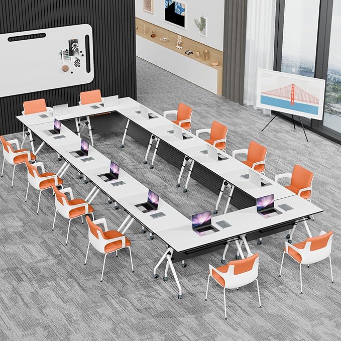 Conference Room Table, 55 Inch Folding Conference Tables with Wheels, Modern Office Meeting Table, Easy Flip & Nest Design, Rectangular Seminar Tables with Metal Frame for 2-24 People(H 8PCS)