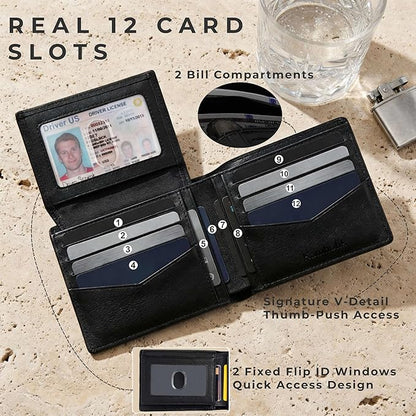Billfold Wallet for Men: RFID Blocking Genuine Leather Slim Bifold, 12 Card Slots & 2 ID Windows with Gift Box, Black