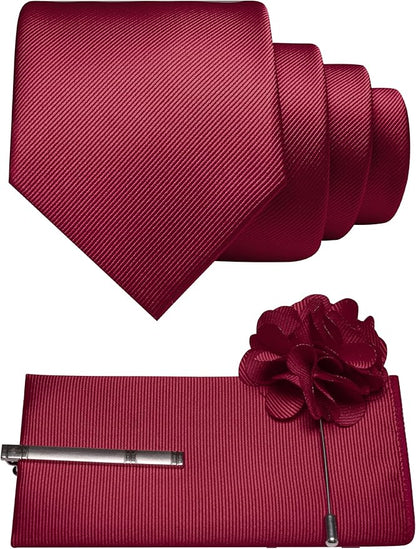 JEMYGINS Formal Necktie Solid Color Tie and Pocket Square with Tie Clip Lapel Pin Sets for Men 4PCS