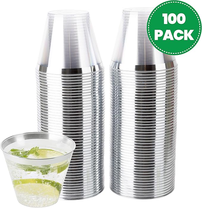 PLASTICPRO 9 oz Disposable Plastic Party Cups,Old fashioned Designed Tumblers, Crystal Clear (Clear With Silver Rim, 100)