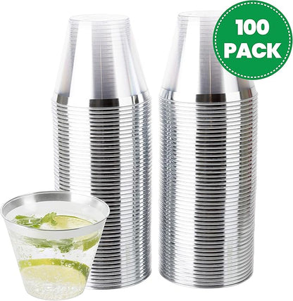 PLASTICPRO 9 oz Disposable Plastic Party Cups,Old fashioned Designed Tumblers, Crystal Clear (Clear With Silver Rim, 100)
