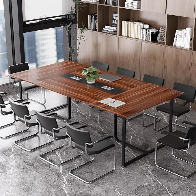 8FT Conference Table,Conference Room Table with Grommet,Stable Structure,Adjustable Foot Pads,Large Seminar Table for Office Meeting 94.4 L x 47.2 W x30.7 H (Brown)