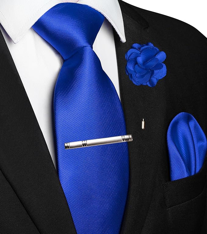 JEMYGINS Formal Necktie Solid Color Tie and Pocket Square with Tie Clip Lapel Pin Sets for Men 4PCS