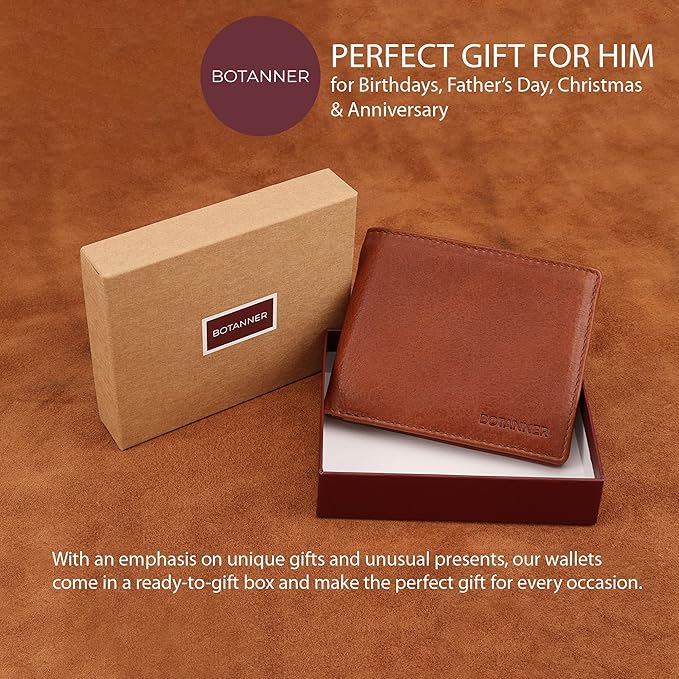 Genuine Leather Mens Bifold Wallet Slim RFID Blocking 5 Credit Card Slots 1 ID Window 2 Sections for Bills 2 Additional Slots | Tan