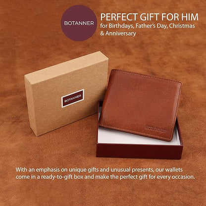 Genuine Leather Mens Bifold Wallet Slim RFID Blocking 5 Credit Card Slots 1 ID Window 2 Sections for Bills 2 Additional Slots | Tan