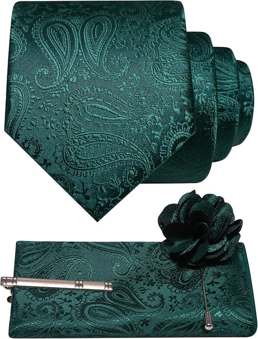 JEMYGINS Mens Paisley Tie and Lapel Pin Necktie Pocket Square and Tie Clip with Sets for Business Casual 4PCS