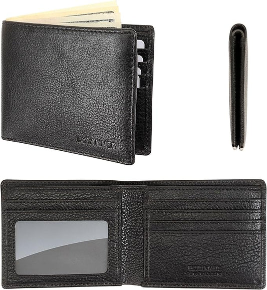 Genuine Leather Bifold Mens Wallet RFID Blocking 5 Credit Card Slots 1 ID Window 2 Sections for Bills 2 Additional Slots | Black