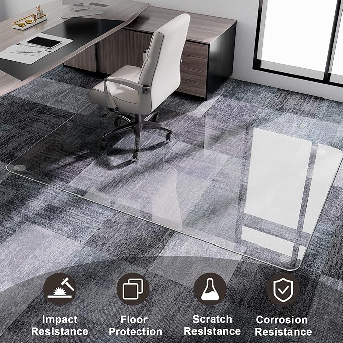 GLSLAND Tempered Glass Chair Mat, 54"x32" Heavy Duty Office Floor Protector for Hardwood Floors & Carpets Shatterproof Floor Mat for Home Office Desk, Transparent