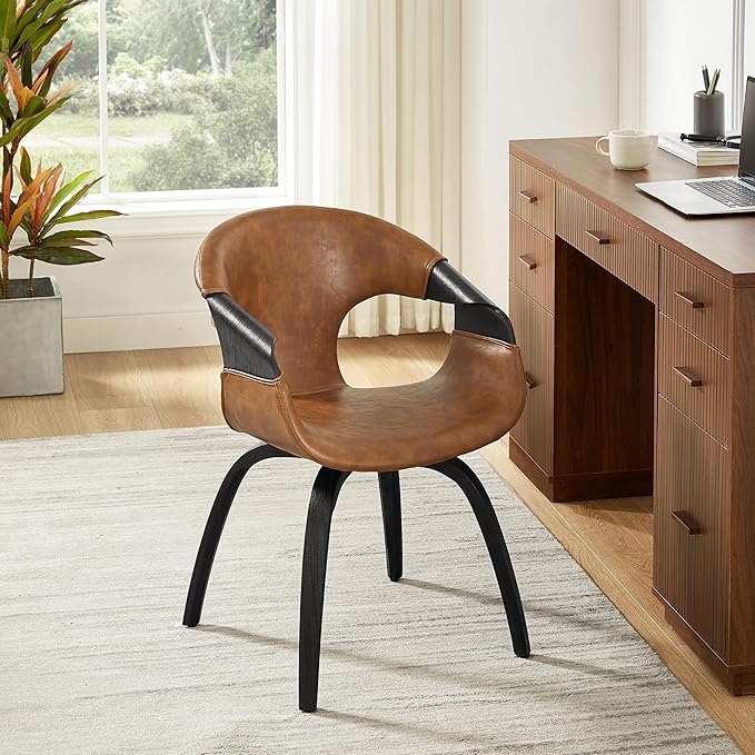 Art Leon Desk Chair No Wheels, Mid Century Modern Office Chair, Faux Leather Upholstered Swive Chair with Wood Legs for Living Room Bedroom, Walnut Bentwood, Brown/Walnut