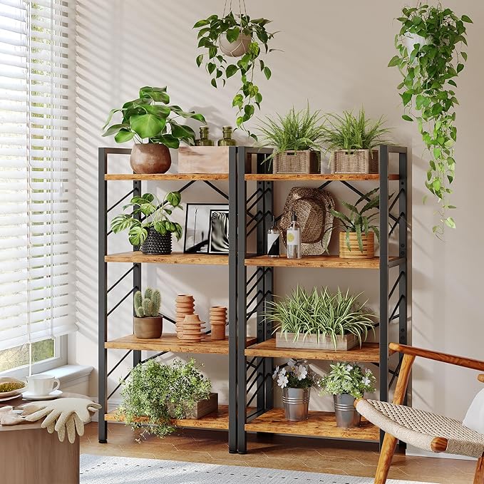 4 Tier Bookshelf, Industrial Bookcase with Metal Frame and Sidebars, Office Shelves for Small Spaces, Bedroom, Living Room, Rustic Brown